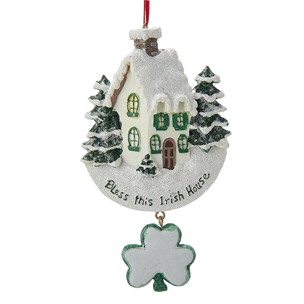 White snow-covered house ornament with green windows and trees, featuring Bless This Irish House message for Christmas decor under $50