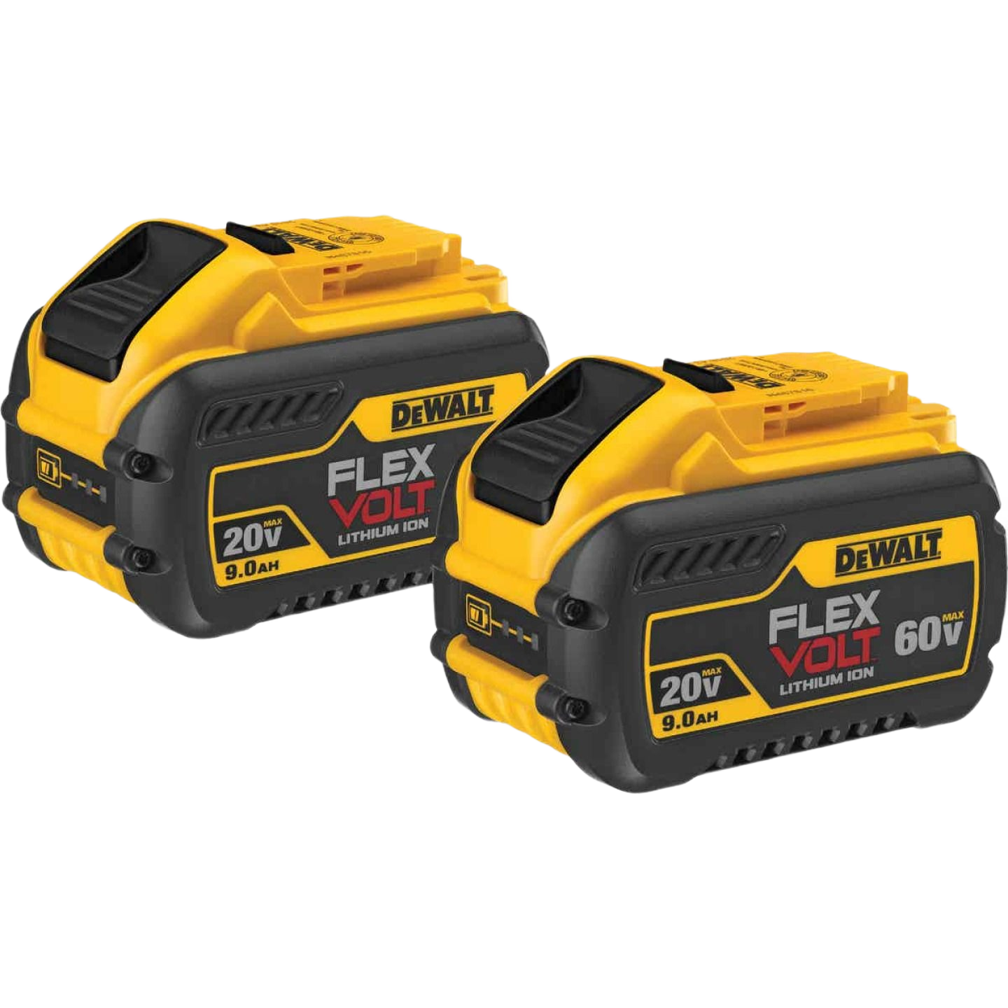 Two yellow and black high-capacity lithium-ion batteries for power tools and home improvement tasks