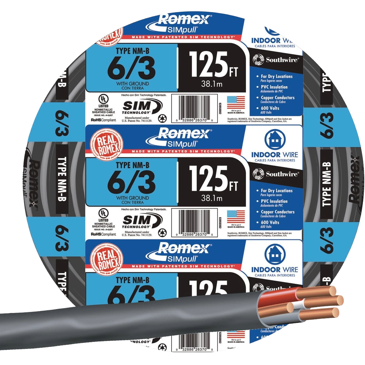 Black stranded electrical wire coil labeled 125 ft with visible copper conductors for building wire and electrical use