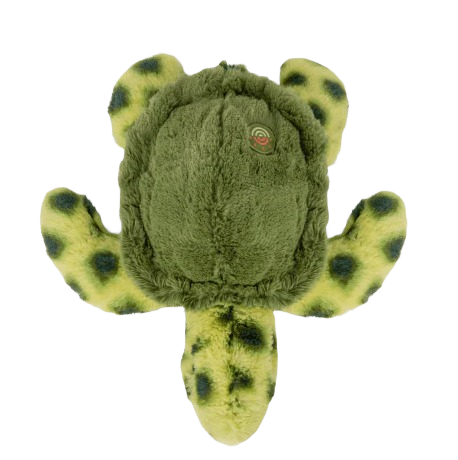 Plush turtle toy with soft green body and yellow limbs featuring dark green spots and textured shell surface