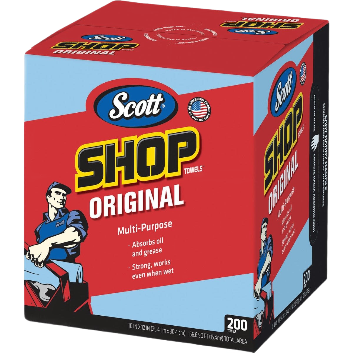 Box of Scott Shop Towels Original in red packaging with 200 multi-purpose sheets for cleaning tasks in automotive and home improvement.