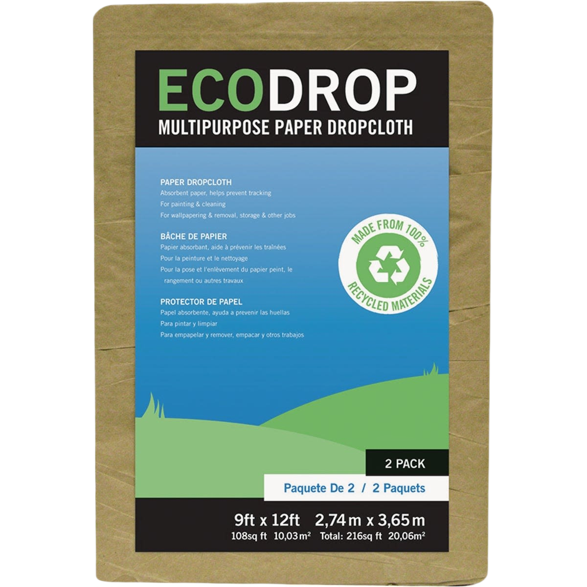 Two-pack of multipurpose paper drop cloths made from recycled materials for painting and home improvement use