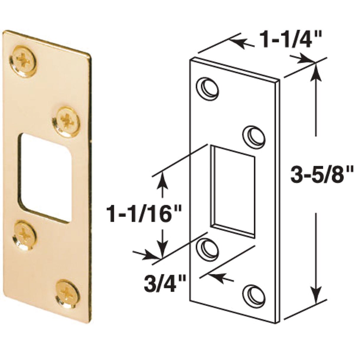Brass security strike for deadbolts with mounting screws and dimensional diagram, hardware for home improvement under $50
