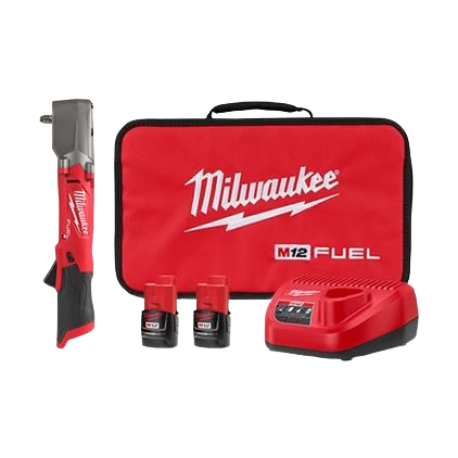 Red and black cordless power wrench with two batteries, charger, and branded carrying case for tools and home improvement.