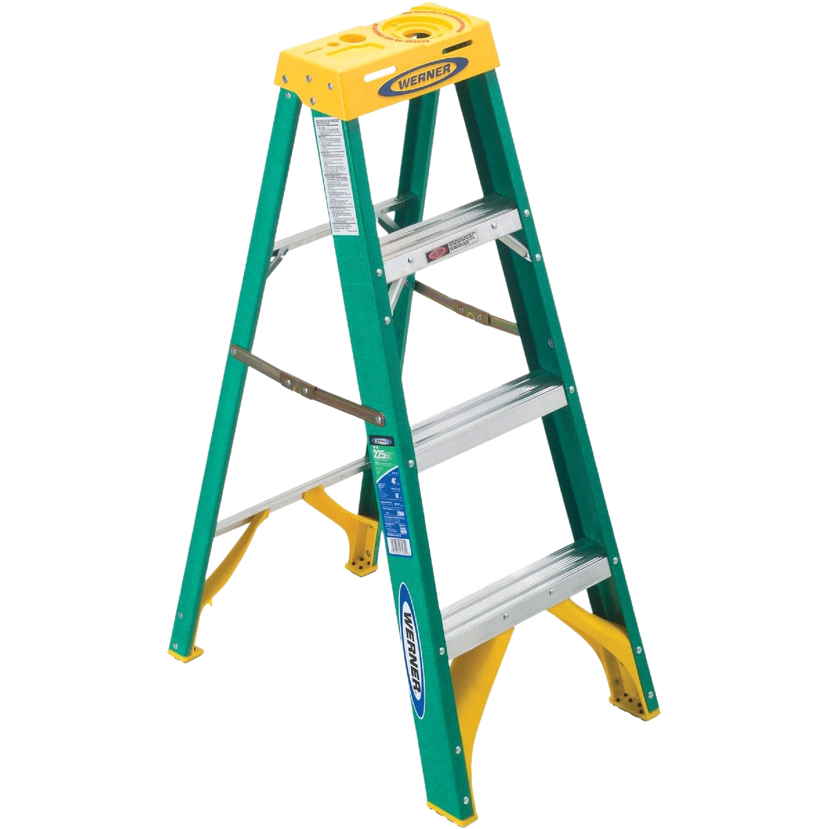 Green and yellow fiberglass step ladder with three aluminum steps designed for tools and home improvement use