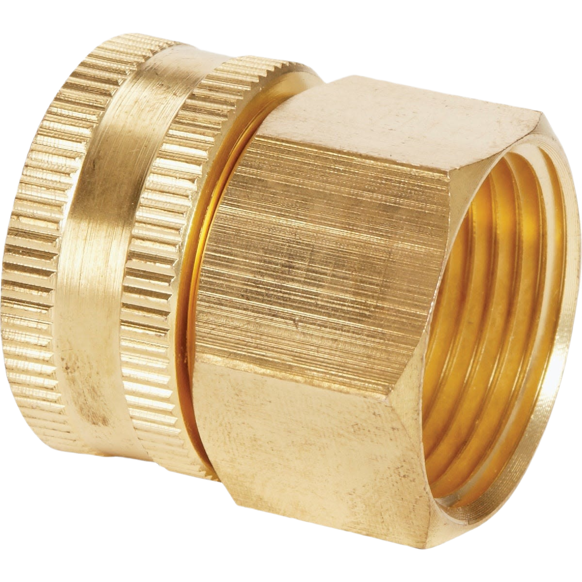 Brass garden hose connector with swivel design and threaded fittings for easy attachment in home improvement tasks