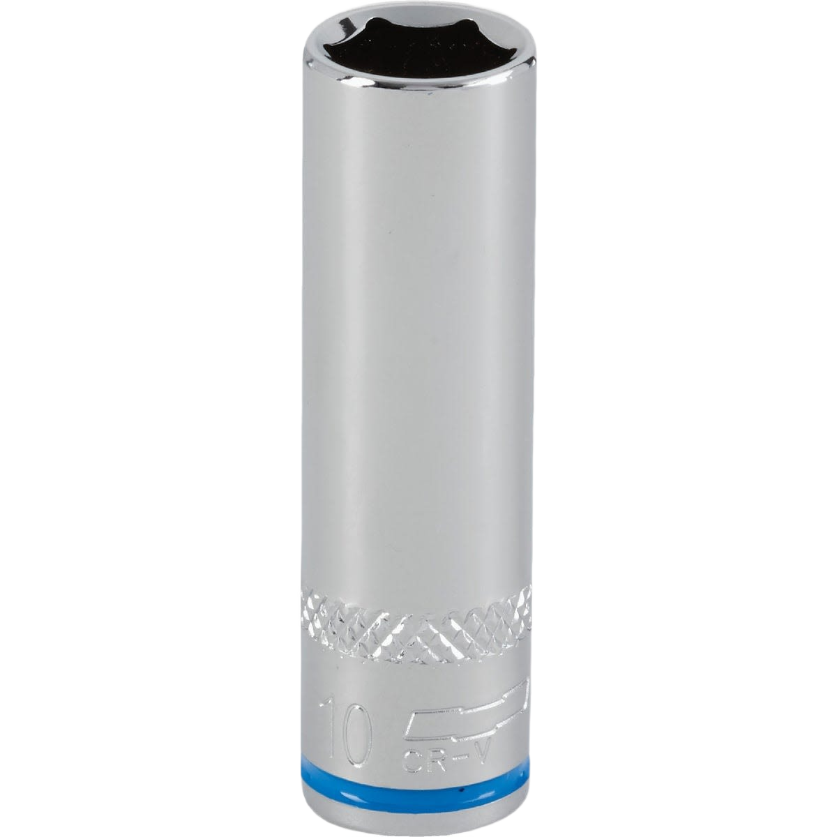 Chrome-finished 10mm deep metric socket with textured grip band for hand tools and home improvement projects under $50 collection