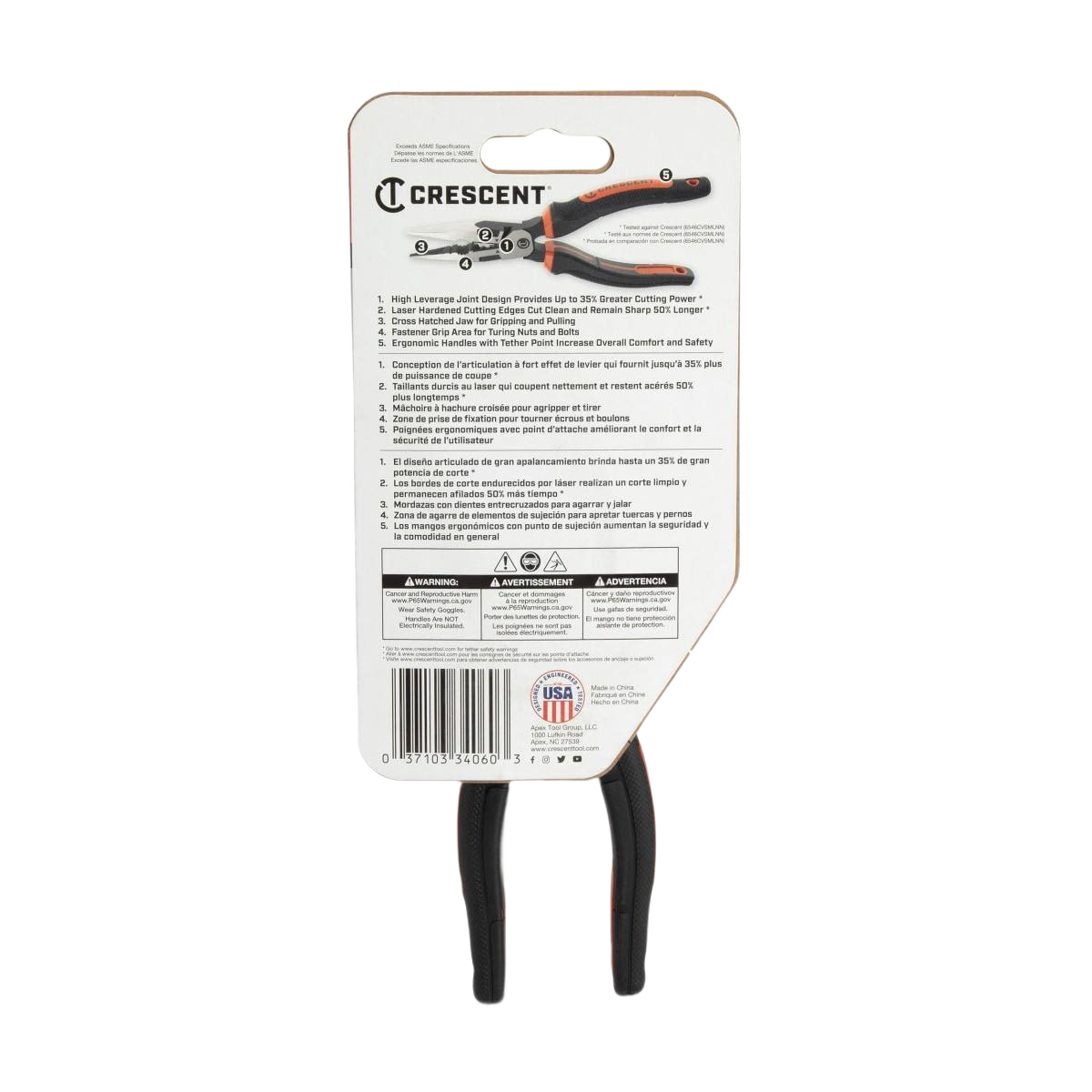 Back view of Crescent dual material long nose pliers with safety and usage information on packaging for hand tools collections