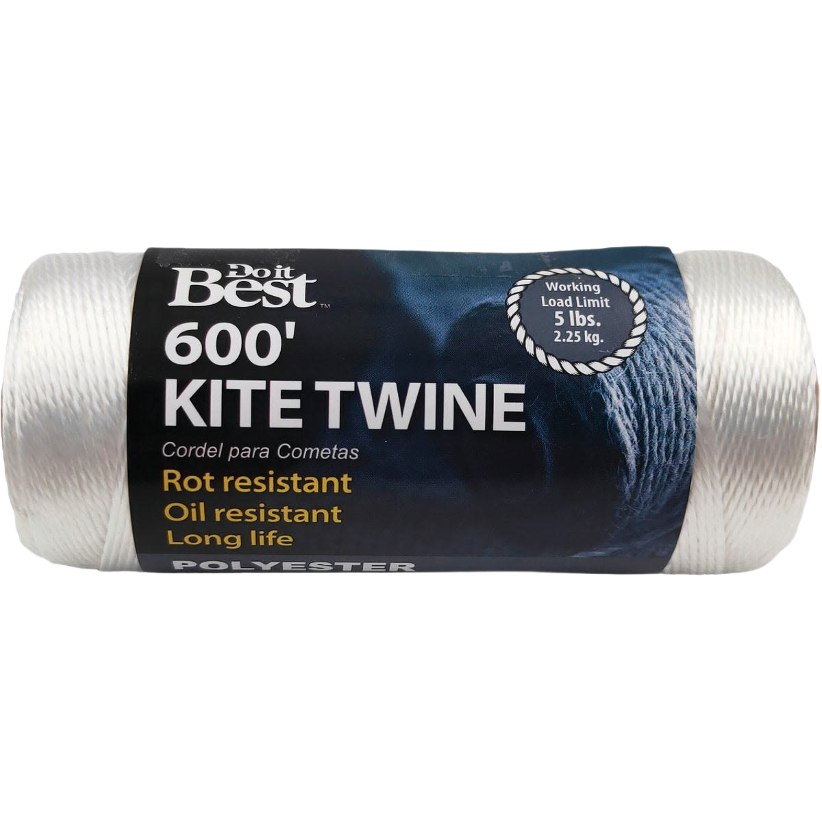 White polyester kite twine spool with 600 feet length, rot and oil resistant for durable use in home improvement tasks