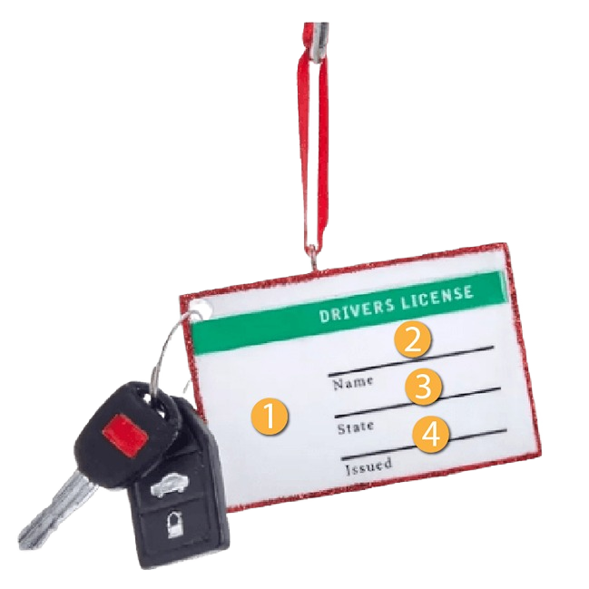Personalized driver’s license ornament with attached car key decoration for holiday tree display under $50