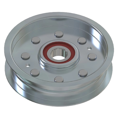 Polished metal pulley with central bearing and bolt holes for equipment or tool maintenance tasks