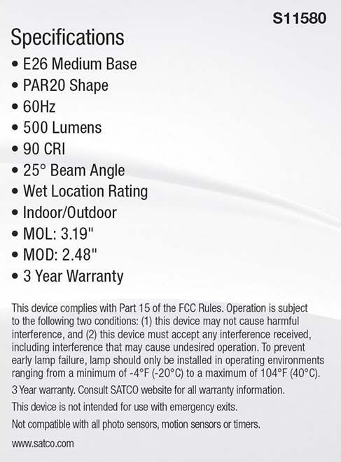 Specification label for a PAR20 LED light bulb with medium base, 500 lumens, 90 CRI, indoor/outdoor use, and 3-year warranty.