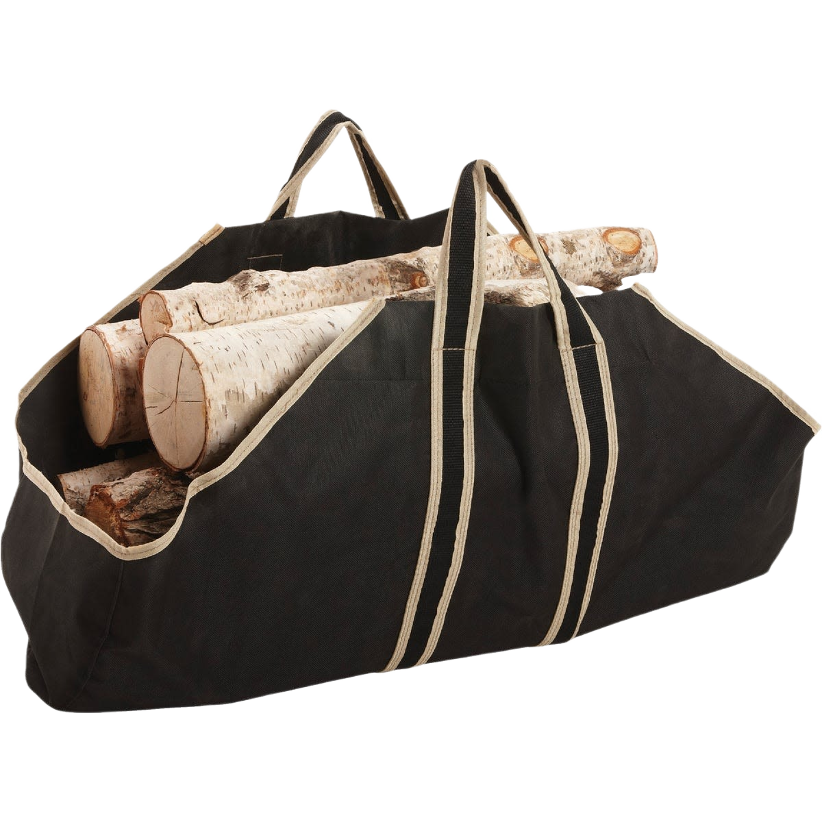 Heavy-duty black canvas log carrier with sturdy rayon handles holding cut birch firewood for home improvement tasks