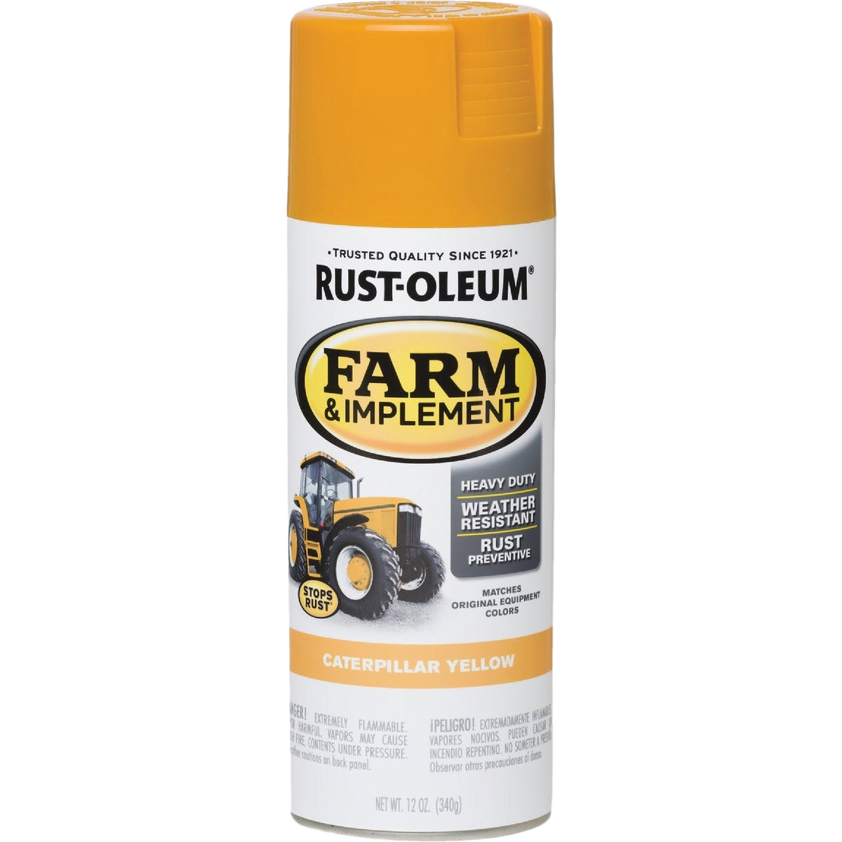 Rust-Oleum Farm & Implement Caterpillar Yellow spray paint in 12 oz can for rust prevention and weather resistance