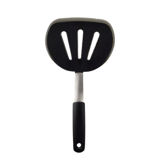 Black silicone flexible turner with stainless steel handle and ergonomic grip for kitchen utensils and cooking tools collections