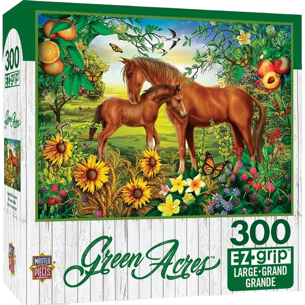 Colorful farm-themed puzzle box showing a mare and foal surrounded by flowers and fruit in a vibrant countryside scene