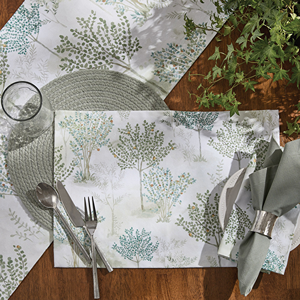 Floral patterned placemat in soft green and blue hues for elegant table decor and kitchenware collections under $50