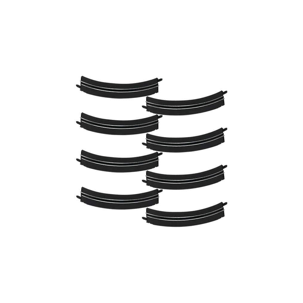 Set of curved black plastic track pieces compatible with 1:43 scale slot car racing and home improvement use