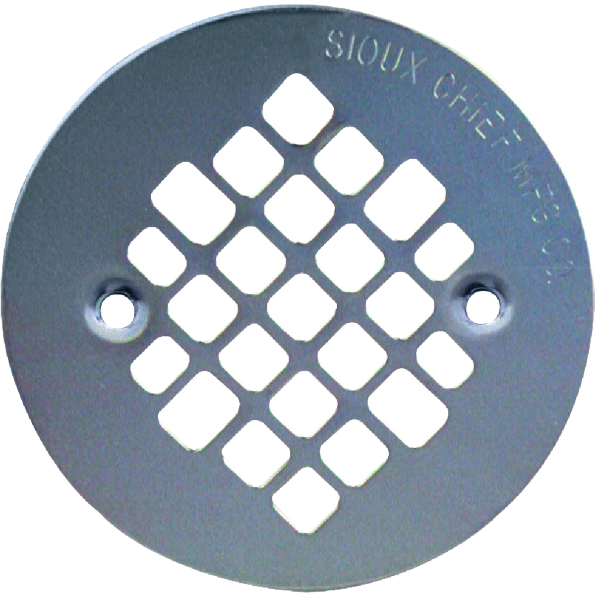 Round stainless steel shower drain strainer with square perforations and mounting screws for plumbing repair and home improvement collections