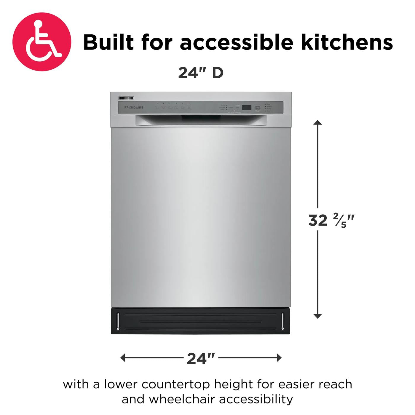 Front view of stainless steel 24-inch dishwasher designed for wheelchair accessibility with height and width measurements