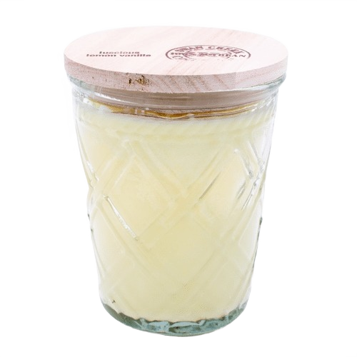 Swan Creek Luscious Lemon Vanilla Timeless Jar Candle, 12 oz. with textured glass and wooden lid from swan_creek_candle_co