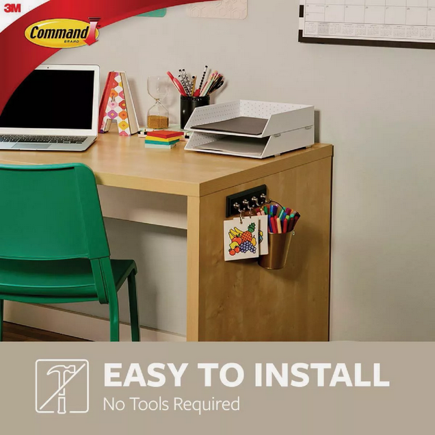 Organized wooden desk with green chair and adhesive-mounted accessories from hardware and fasteners collection under $50