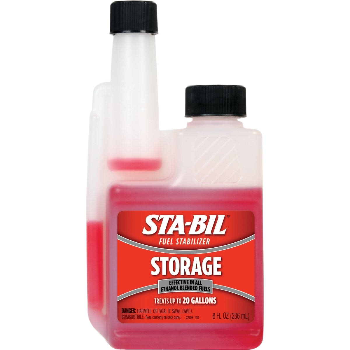 8 oz red fuel stabilizer container with dual caps for ethanol blended fuel storage and preservation