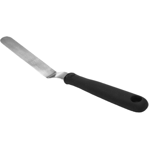 Small angled icing knife with black soft-grip handle, ideal for smooth cupcake decorating in kitchen gadgets collection.