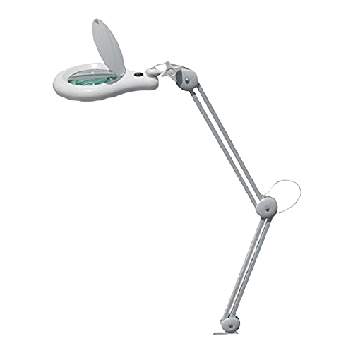 Adjustable clamp-on magnifier with LED lighting and 5-inch glass lens for detailed work in tools and home improvement.