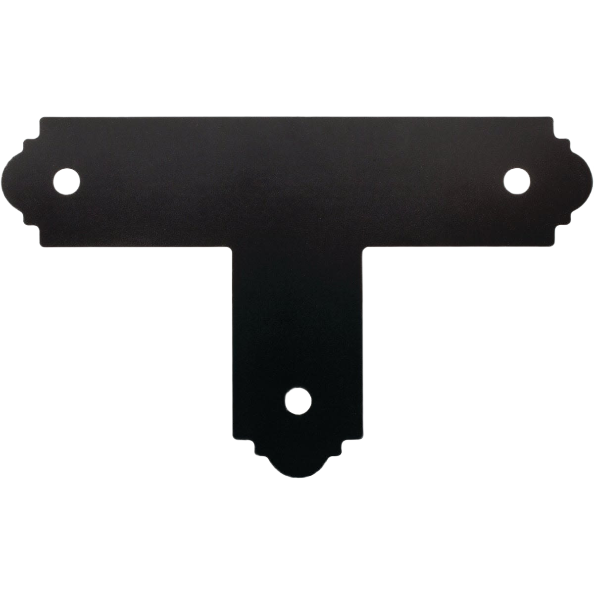 Black flat T-shaped metal strap tie with three mounting holes for lumber and building materials in home improvement tools collections