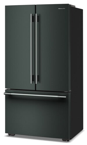 Counter-depth French door refrigerator in dark finish with stainless steel handles and bottom freezer drawer from KitchenAid collection
