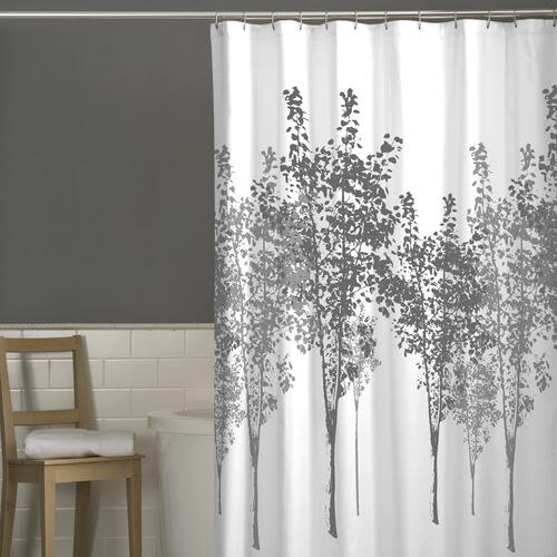 White shower curtain with monochromatic grey tree outlines for a calming bathroom decor in bath and accessories collections