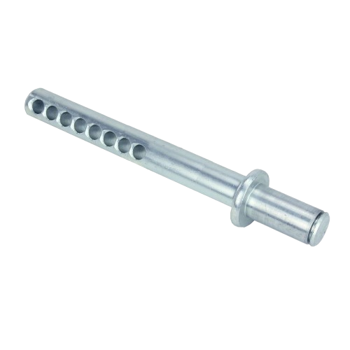 Metal shaft with evenly spaced holes and flange, designed for agricultural equipment repair and home improvement tasks