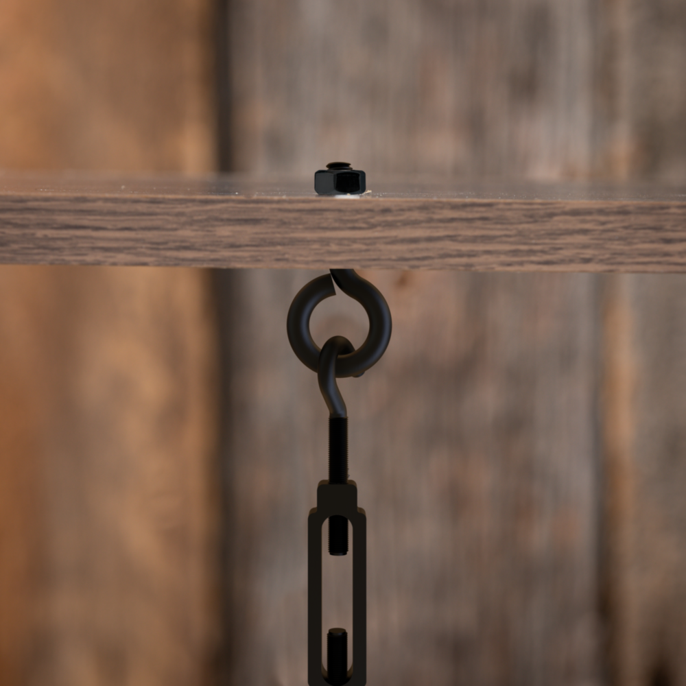 Black storm shine eye bolt with hex nut fastened to wood surface in hardware and home improvement tools under $50