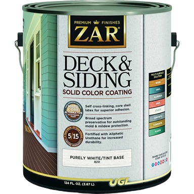 1 gallon container of Zar solid color deck and siding coating in purely white tint base for exterior stain and sealer collections