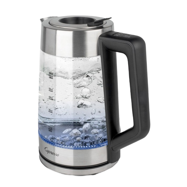 Glass electric kettle with stainless steel base and black plastic handle boiling water rapidly