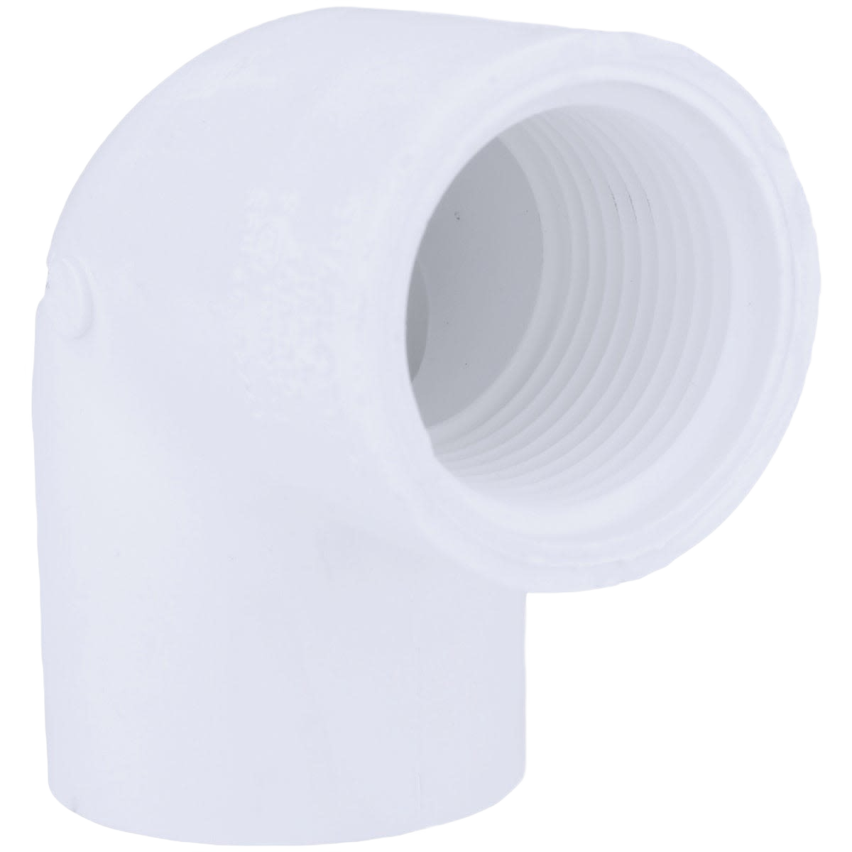 White PVC 90-degree threaded elbow fitting with 1-inch female connections for plumbing and irrigation systems under $50