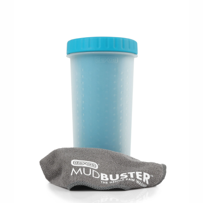 Blue plastic paw washer container with textured grip and gray microfiber cleaning mitt for tools and home improvement use