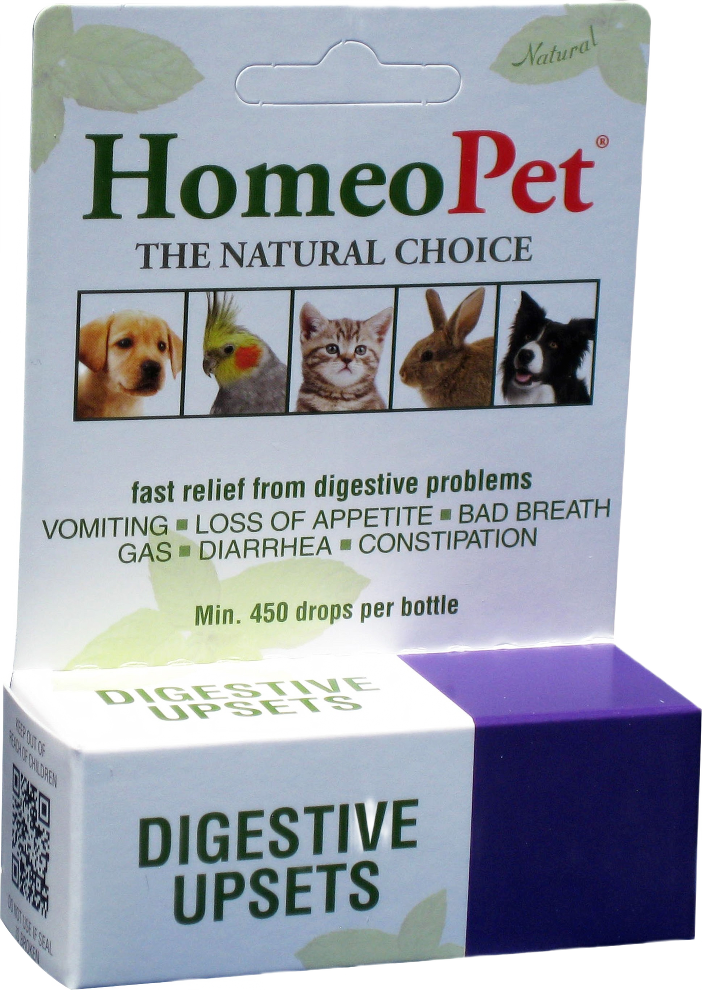 Packaging of Homeopet digestive relief supplement with images of dog, bird, cat, rabbit, and border collie illustrations