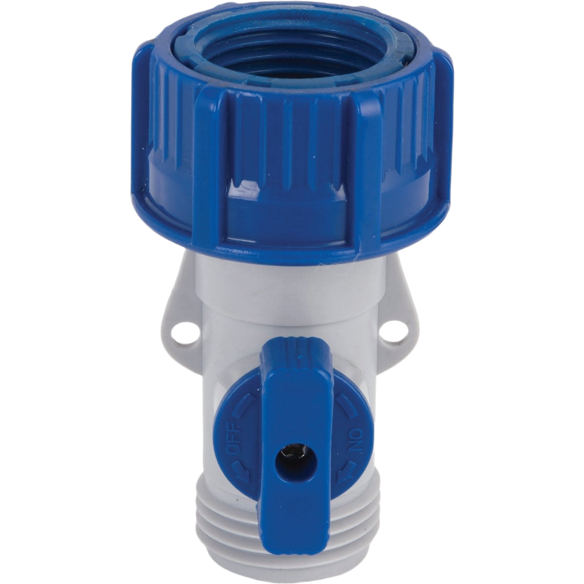 Compact blue and white poly hose shutoff valve with threaded connection for garden and home improvement use