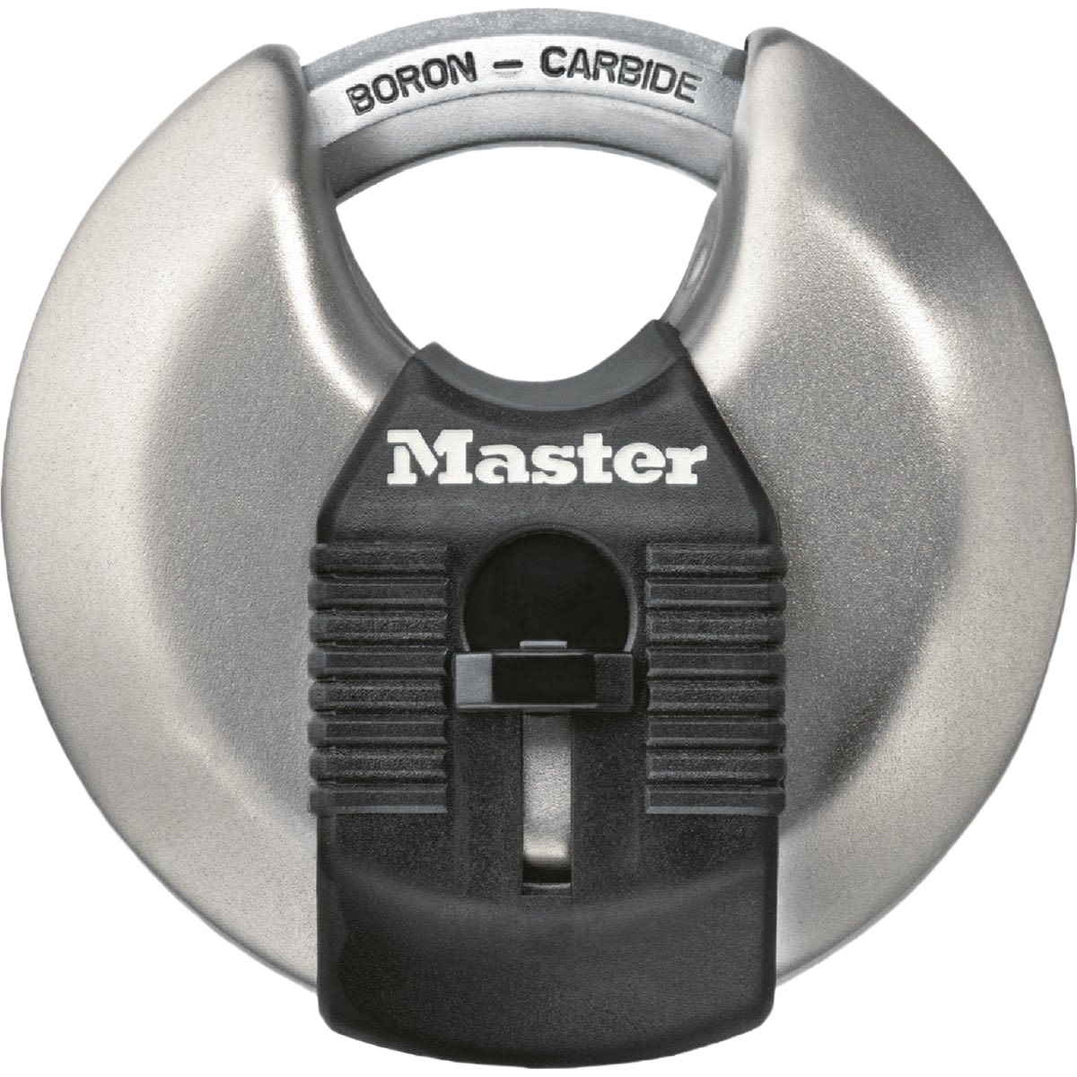 Round heavy-duty boron carbide shackle lock with reinforced metal casing for hardware and home improvement collections