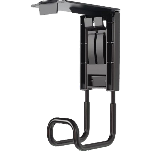 Black closed magnetic hook with dual curved arms and clip attachment for tools and home improvement use