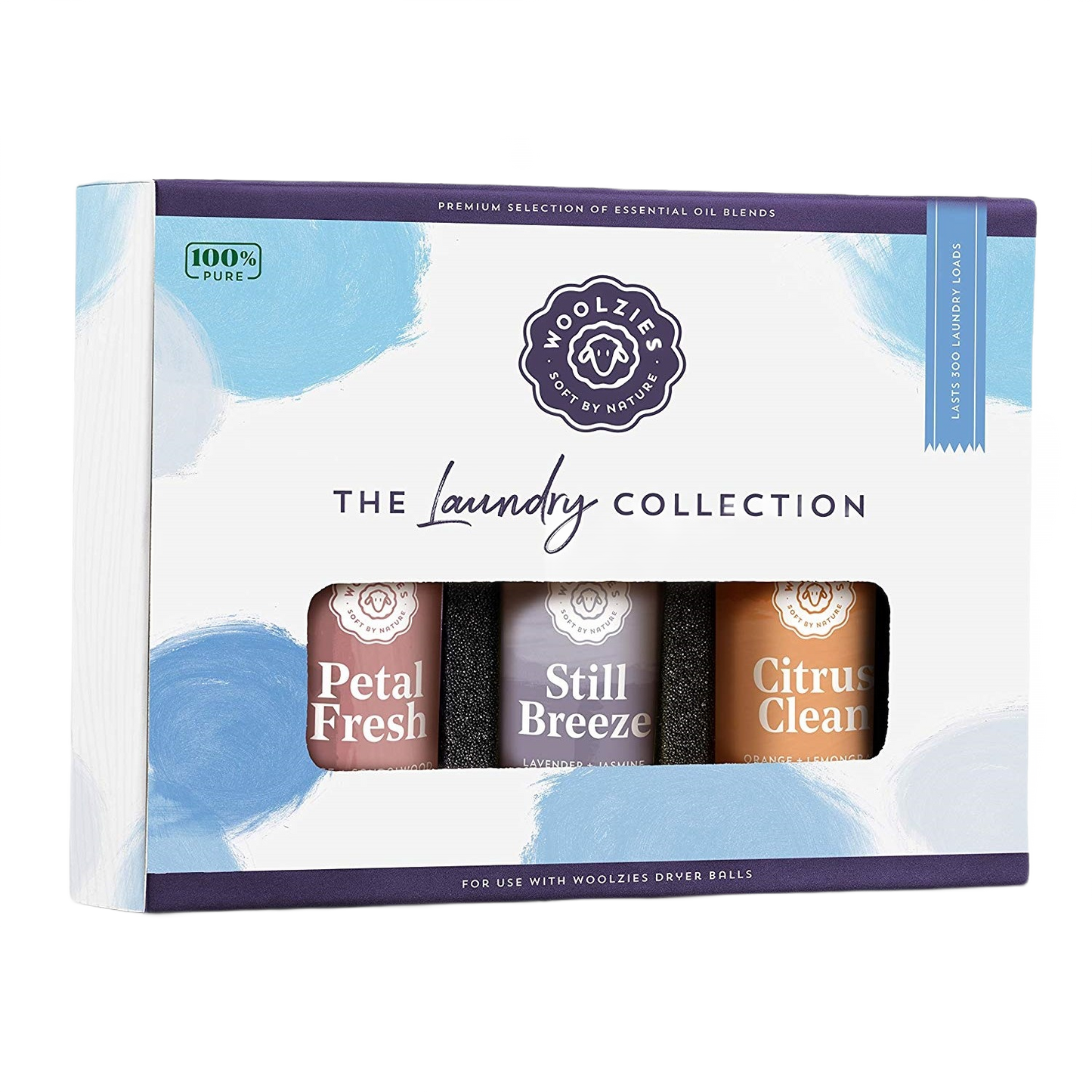 Set of three essential oil blends for laundry with Petal Fresh, Still Breeze, and Citrus Clean scents under $50 collection