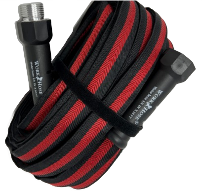 Coiled durable water hose with black and red pattern, metal fittings for garden watering and irrigation tasks under 100 dollars