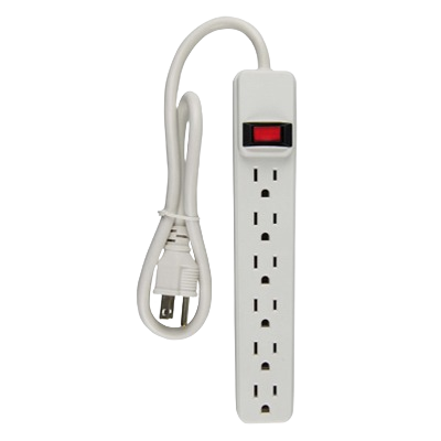 White power strip with six outlets, red on/off switch, and attached electrical cord for home improvement use