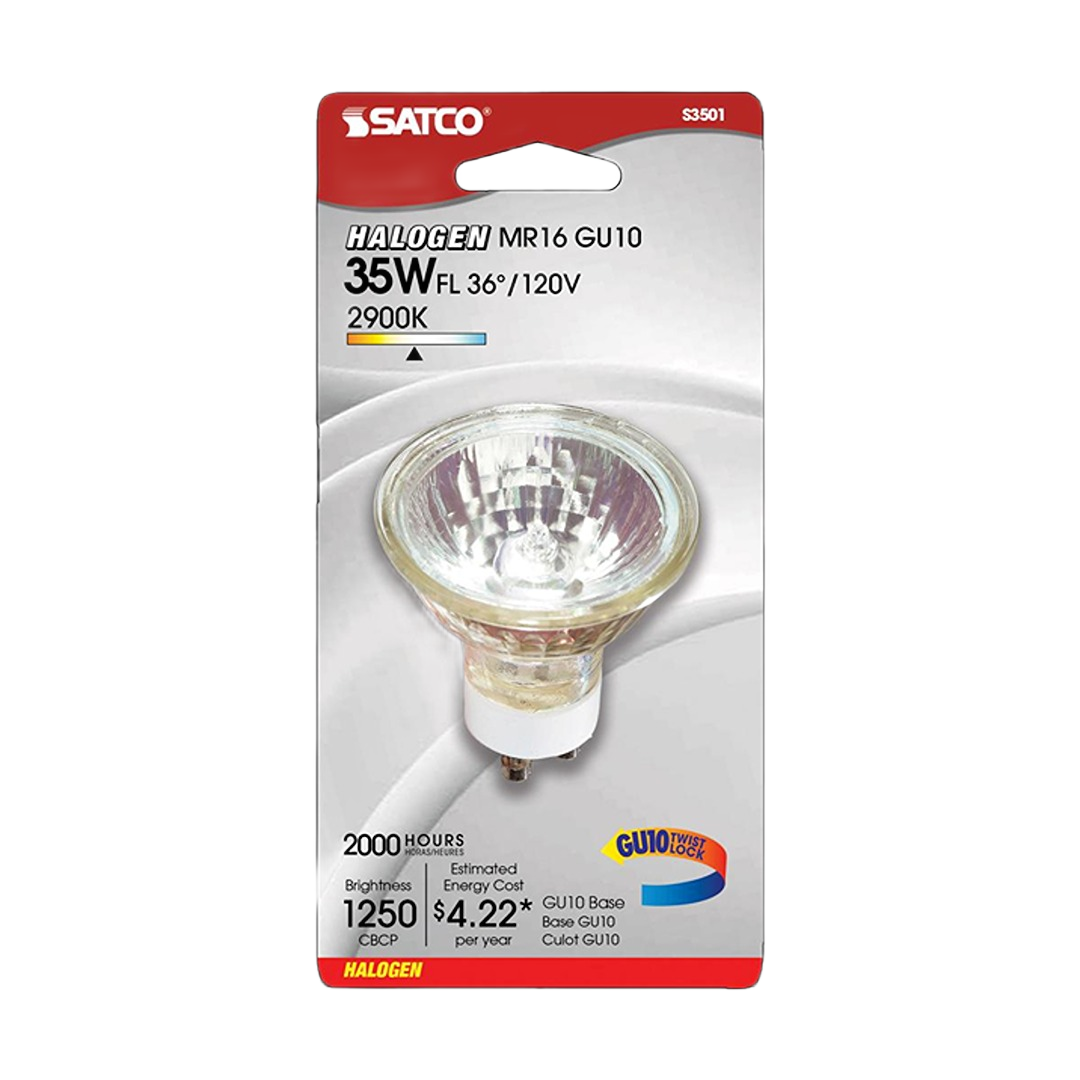 Satco 35 watt halogen flood light bulb with GU10 base, 2900K warm light, energy efficient for lighting and electrical use.