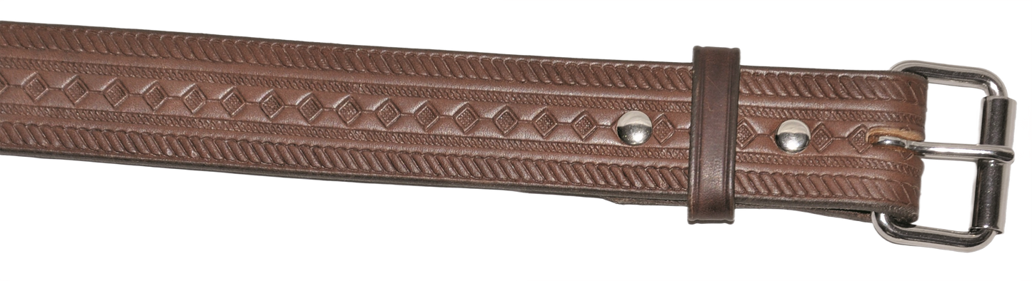 Brown leather belt with diamond pattern and metal buckle designed for durable use in tools and home improvement projects