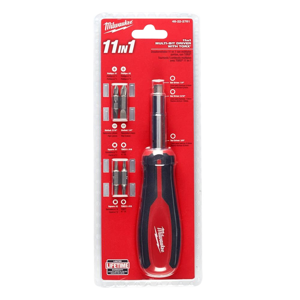 Multi-bit square drive screwdriver with red and black handle including assorted bits for tools and home improvement tasks