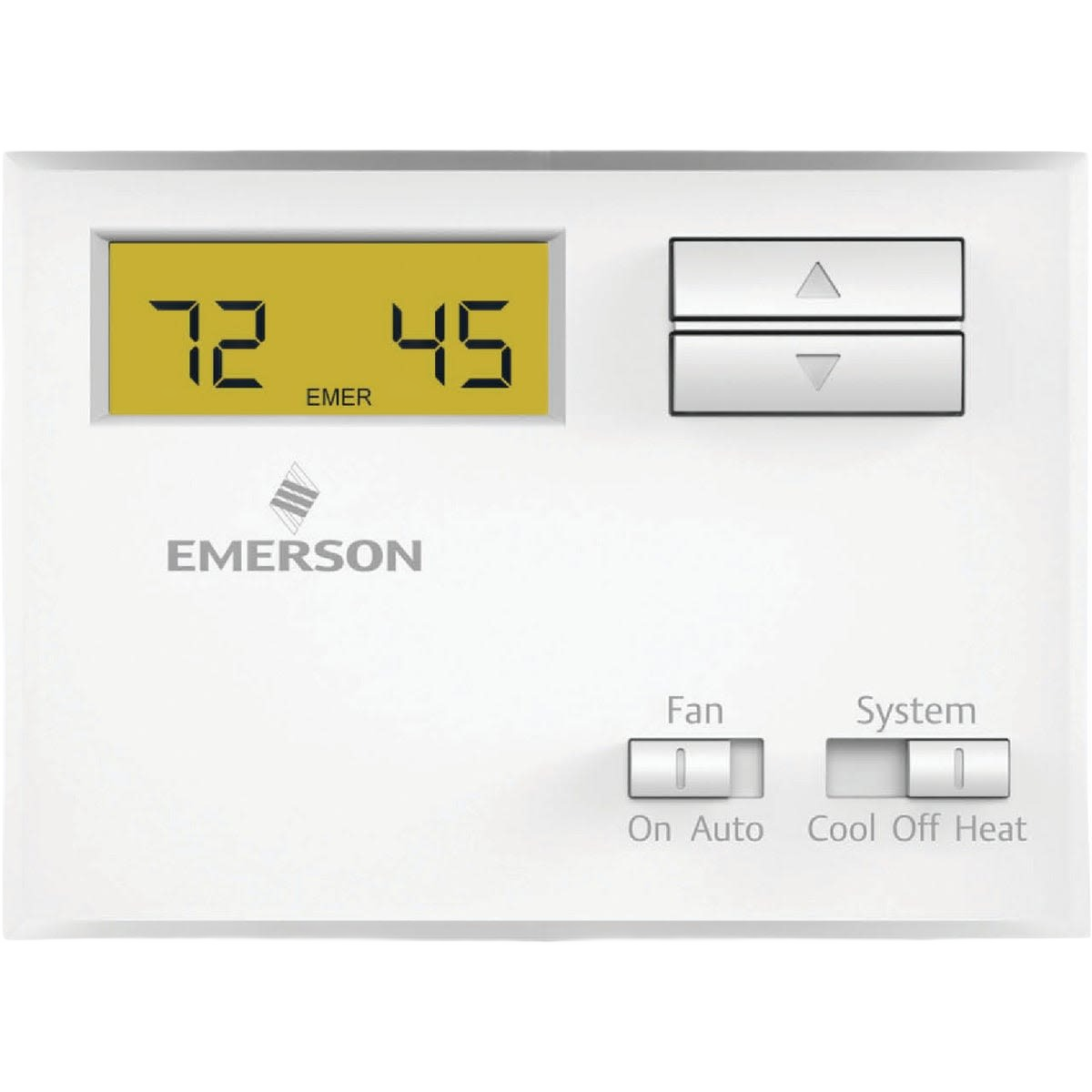 White Emerson digital thermostat with temperature display and controls, suitable for plumbing and home improvement needs