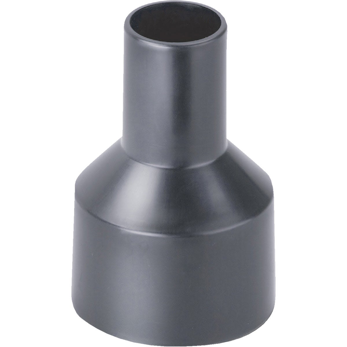 Black polypropylene vacuum adapter reducing from larger to smaller diameter for home improvement tool compatibility